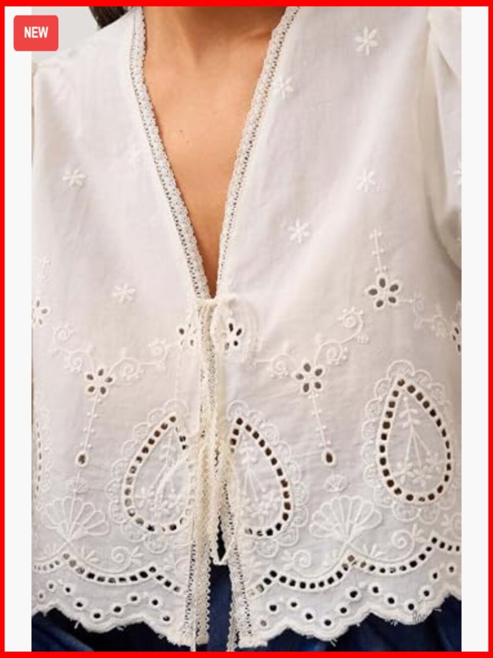Short Sleeve Eyelet Blouse Tie Front Puff Sleeve V Neck Cropped Top - Picture 5 of 6